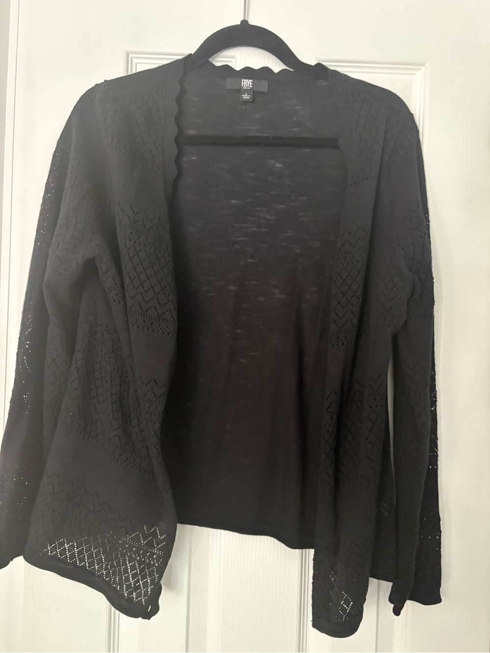 FRYE Black Pointelle Knit Scalloped Open Front Cardigan Sweater Size L